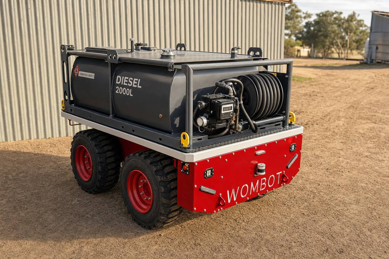 Wombot platform carrying a 2000 litre diesel module on a farm site