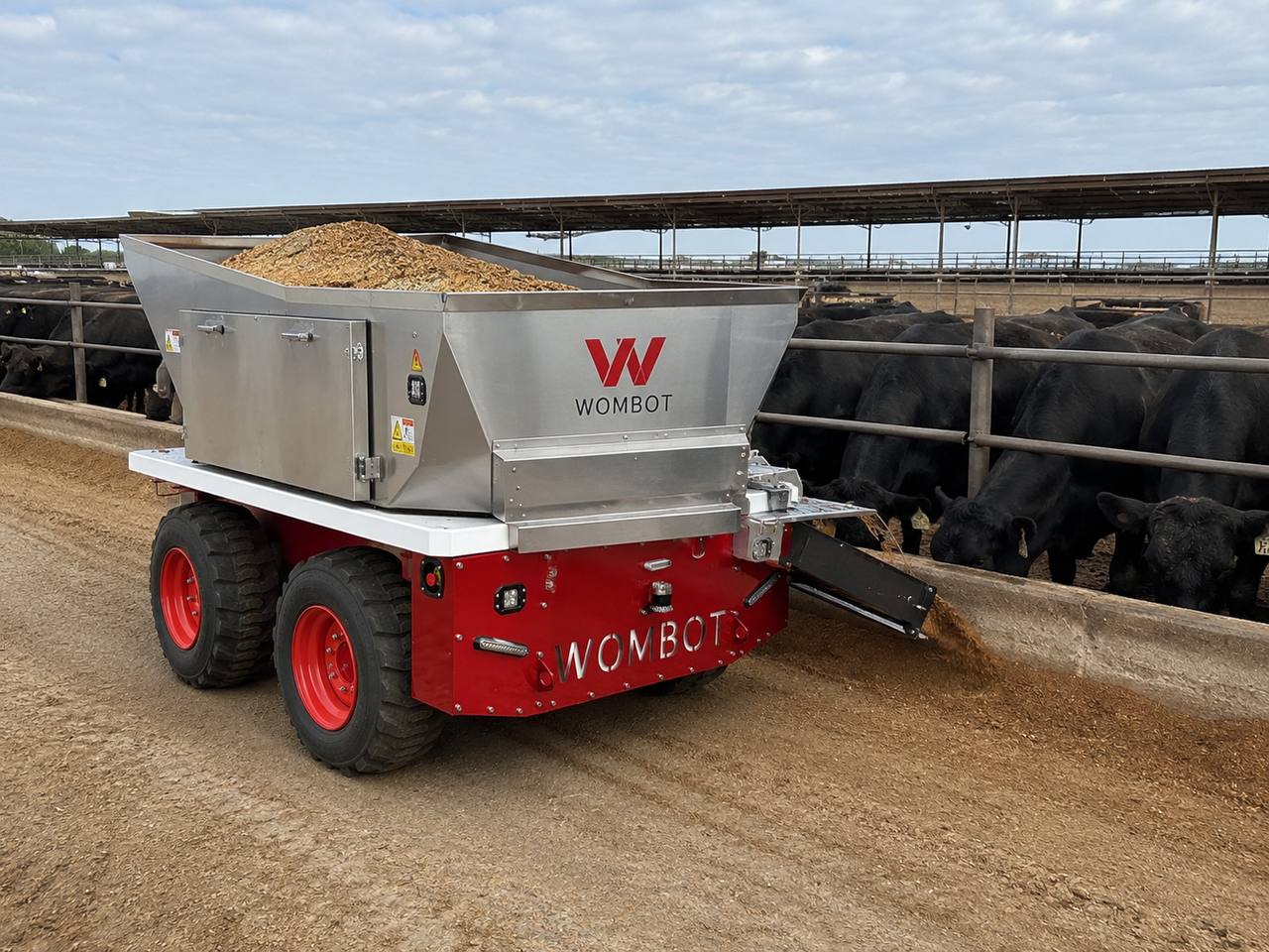 Wombot platform beside feedlot cattle with a feed hopper fitted