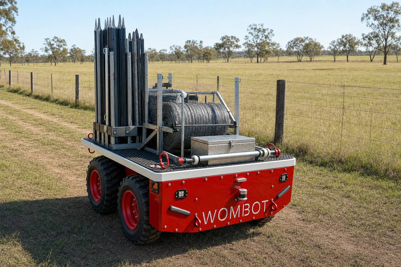 Wombot platform carrying fencing gear and wire beside a paddock fence