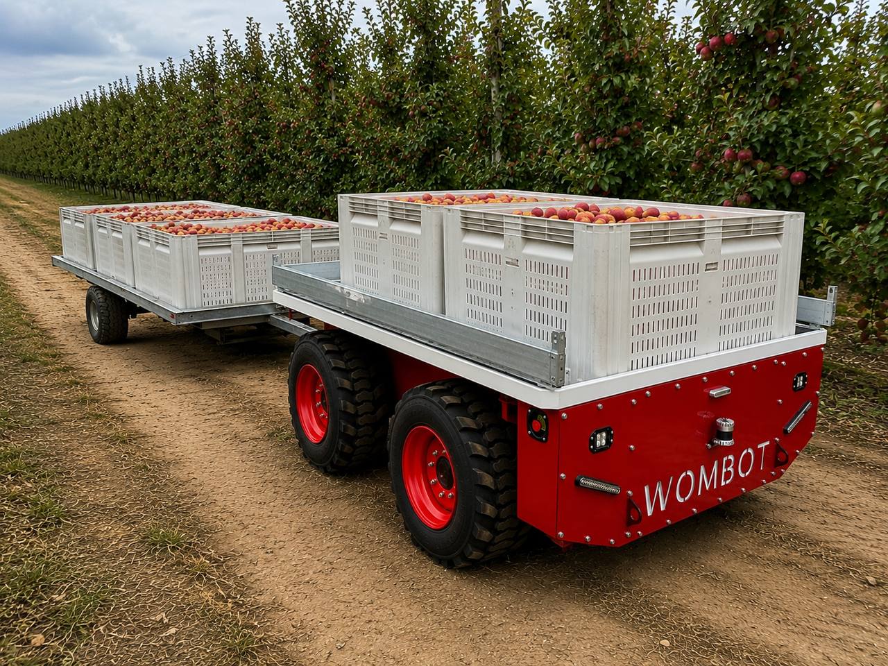 Wombot platform loaded with apple bins in an orchard